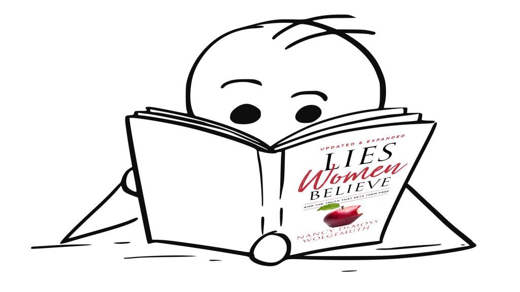 A husband reads “Lies Women Believe”