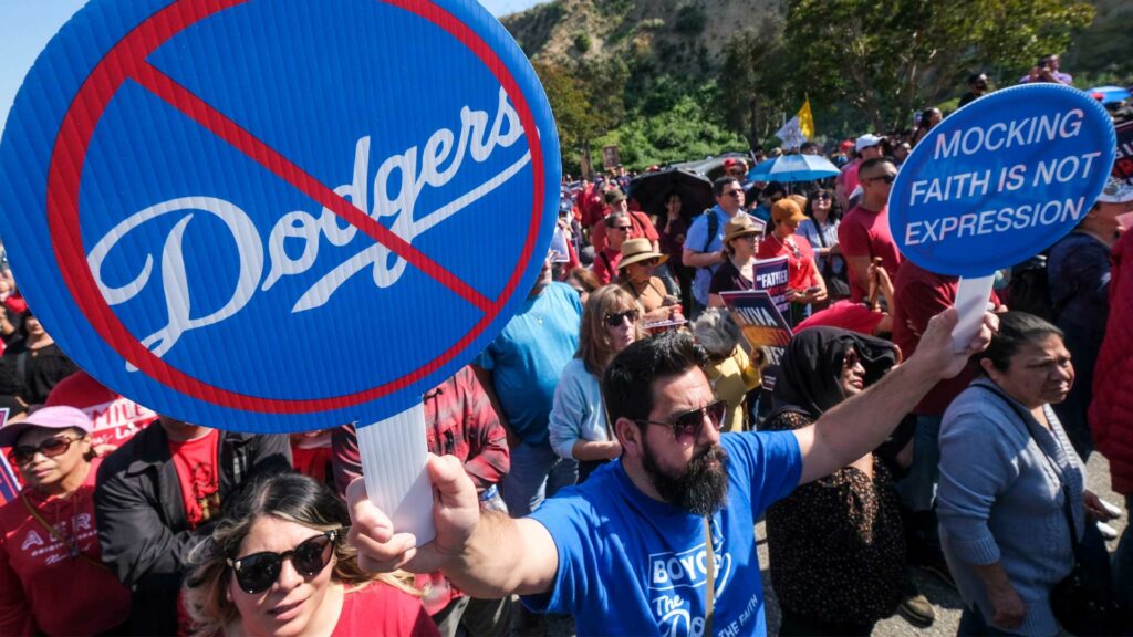 Protesters rally outside Dodger Stadium over team's Pride event - ESPN