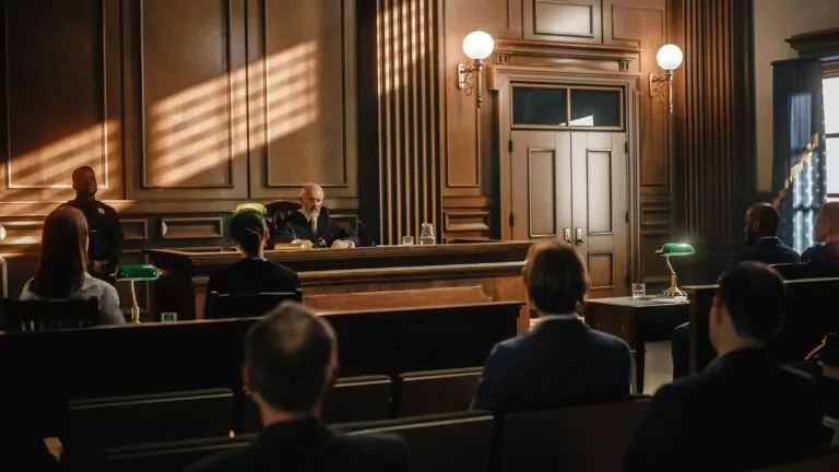 Dimly lit courtroom with serious looking judge.